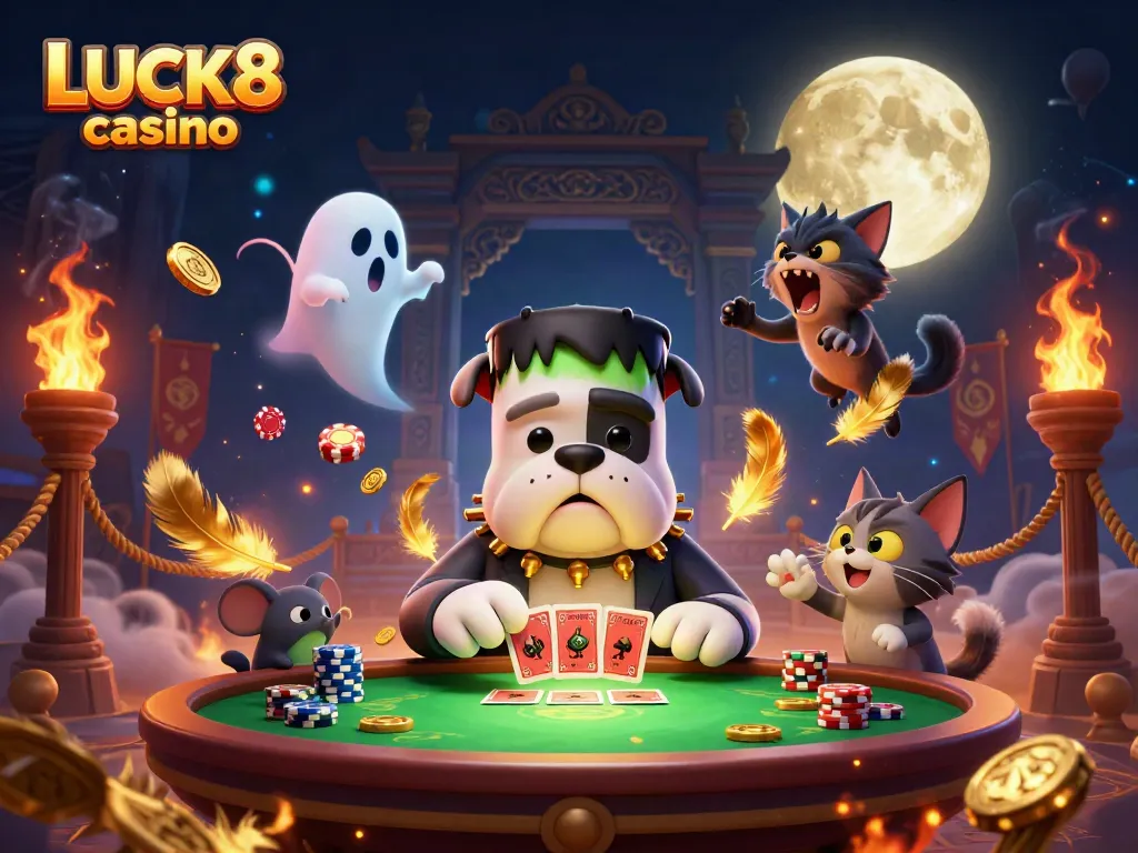 Experience excitement at LUCK8 casino with a Frankenstein bulldog dealer in a thrilling gaming scene.