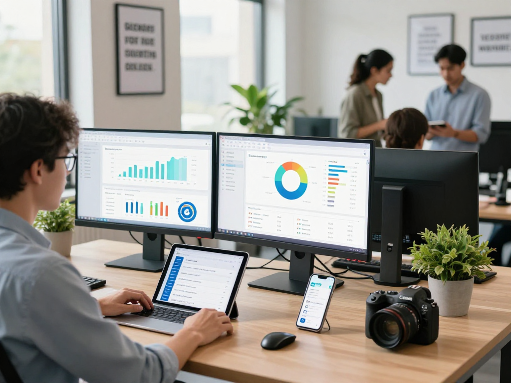 Analyze app performance and purchase app downloads for better rankings in a modern office