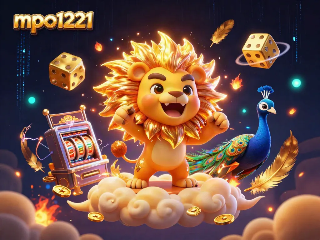 Experience the excitement of mpo1221 with a roaring sun lion, golden dice, and dynamic casino elements.