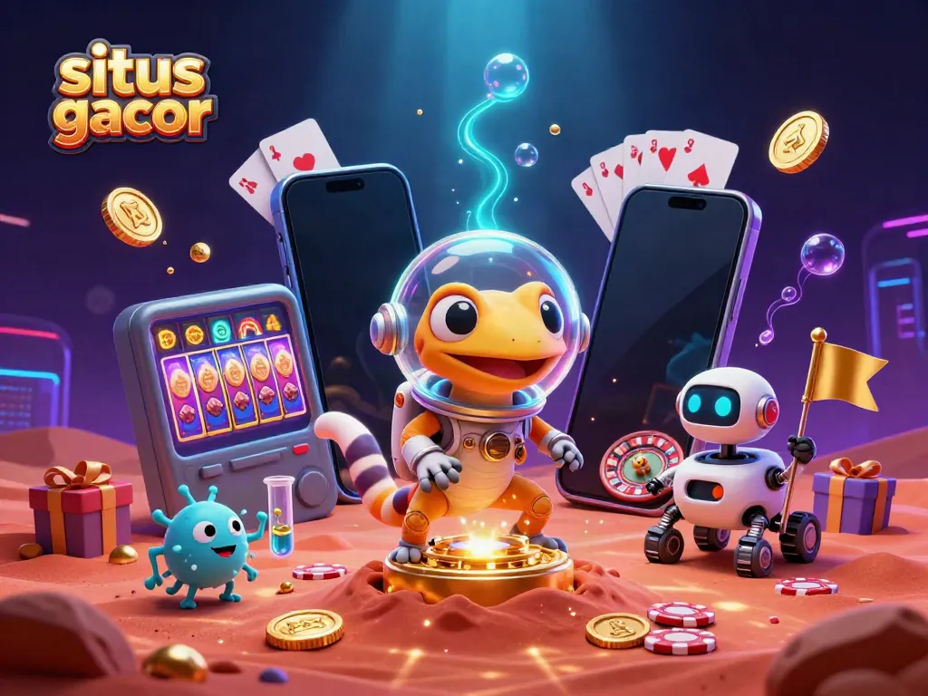 Engage with situs slot gacor via a Martian gecko and robot discovering a golden casino in a vivid illustration.