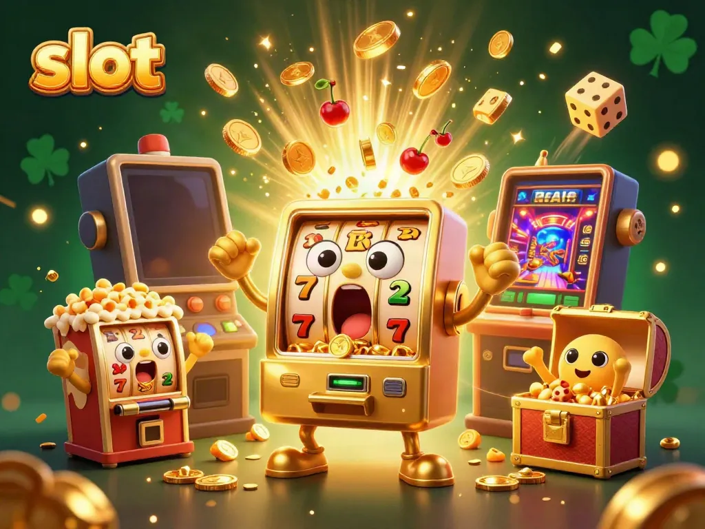 Slot mesin emas kartun mengeluarkan koin sambil dikelilingi mesin slot kecil, simbol keberuntungan dan efek pesta.