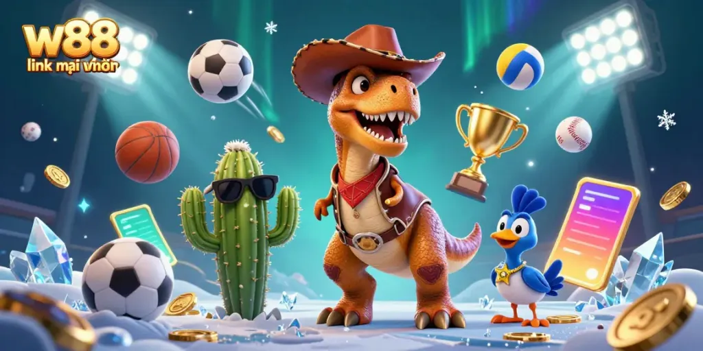Engage with the w88 link mới nhất in this vibrant 3D scene featuring a cowboy dinosaur and sports elements.