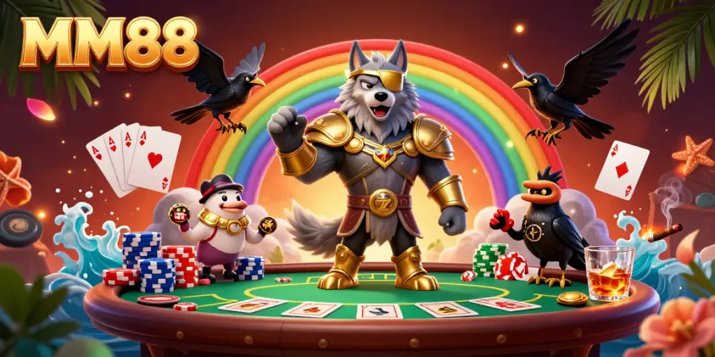 Engage in MM88 casino with Odin's wolf and ravens amid dazzling poker elements and vibrant colors.
