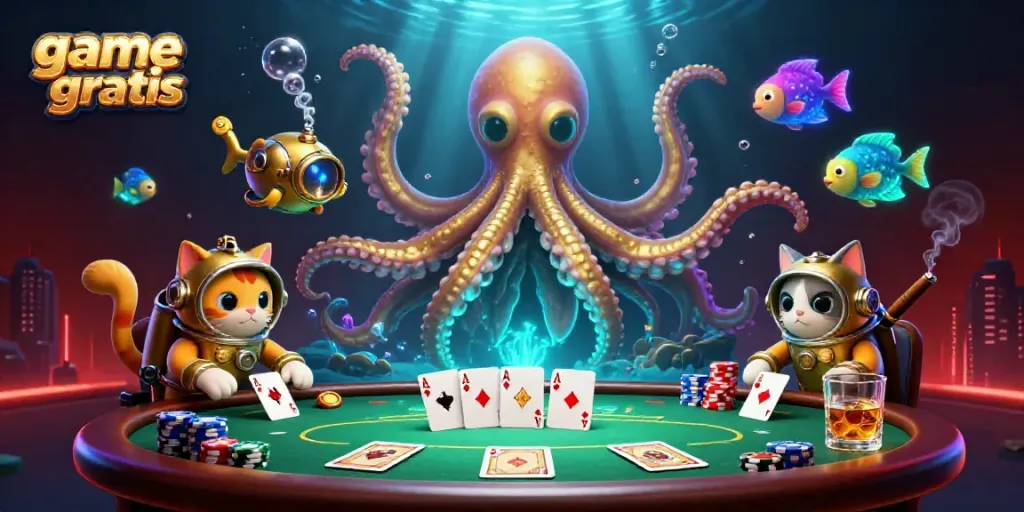 Experience exhilarating game gratis action with a kraken and diving cat in this vibrant casino scene.