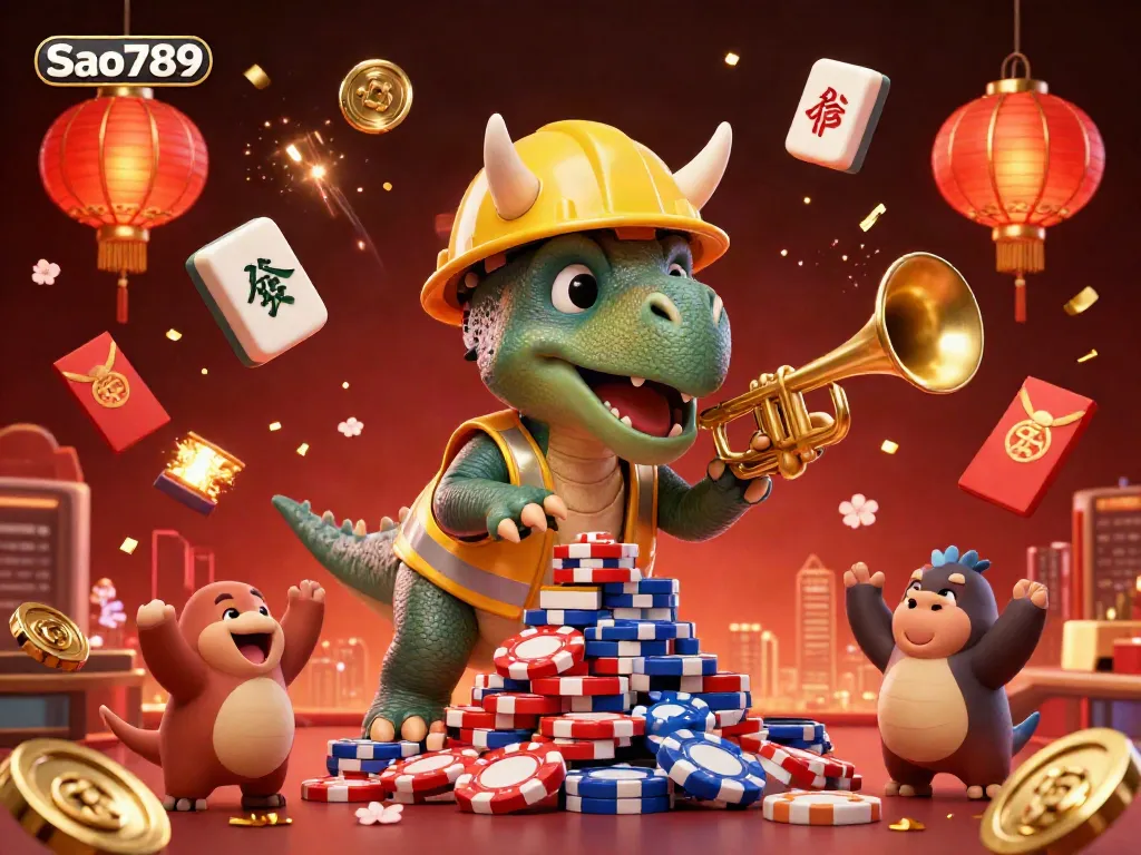 Sao789 celebrates with a triceratops and friends amid vibrant casino elements, showcasing fun and excitement.