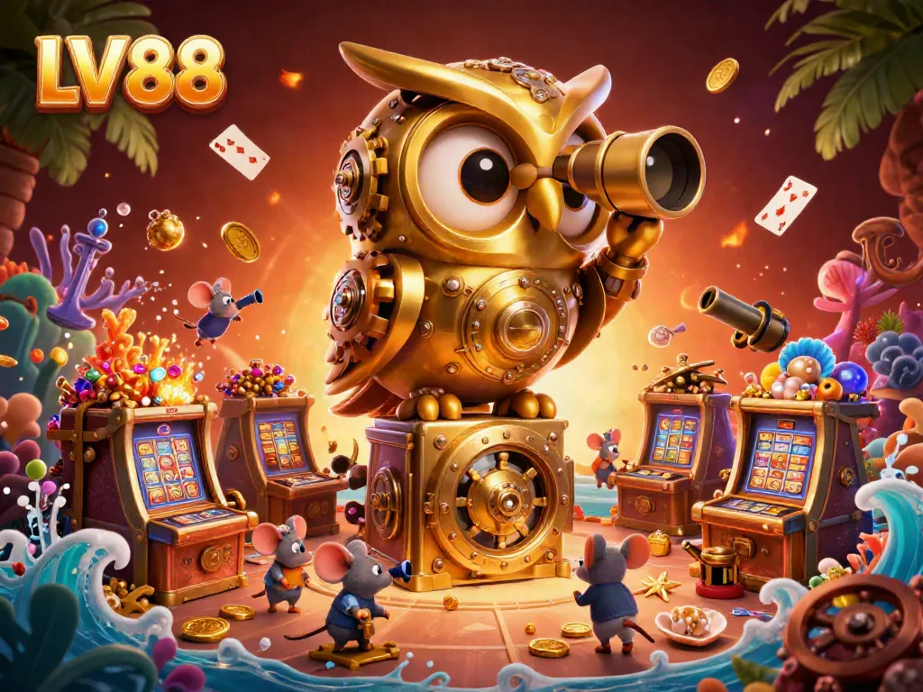 Experience the thrill of LV88 in this vibrant 3D casino illustration featuring an enchanting owl and whimsical mice.