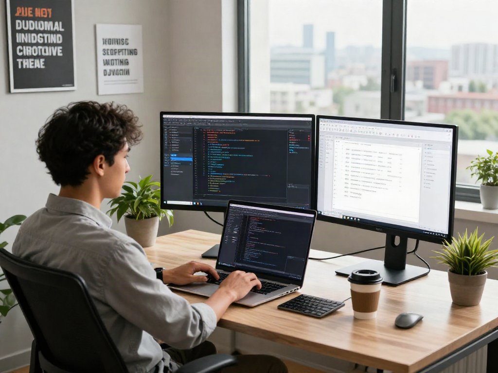 Workspace modern yang menunjukkan pengembang perangkat lunak menggunakan 快连下载 untuk proyek.