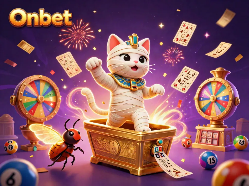 Play exciting games at Onbet with an energetic scene of a mummy cat, casino elements, and lottery balls.