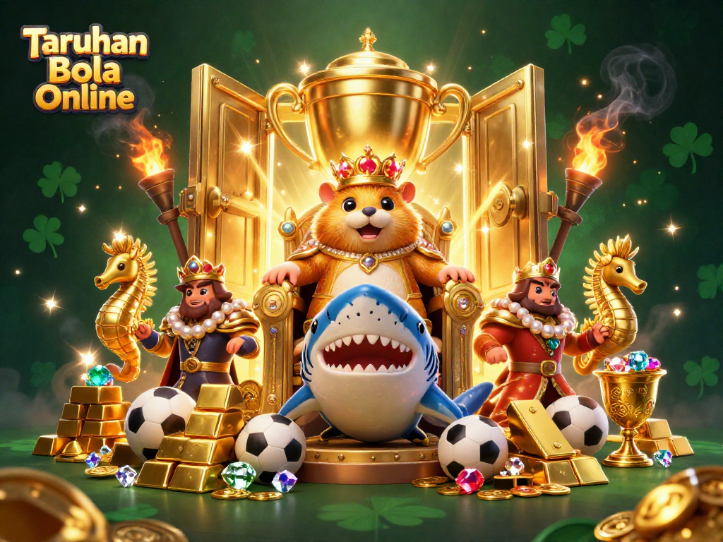 Engage with Taruhan Bola Online in this vibrant scene featuring a golden hamster king among trophy and sports elements.