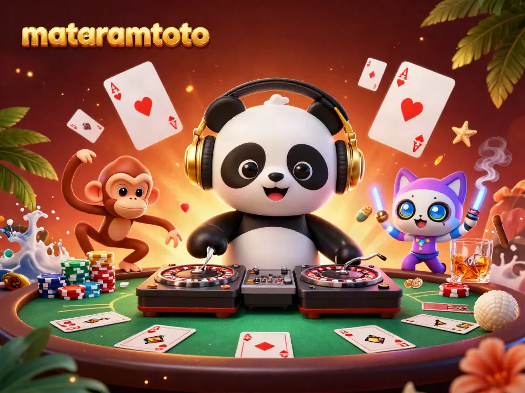 Experience the thrill of gambling with mataramtoto's vibrant casino scene featuring a DJ panda and breakdancing monkey.
