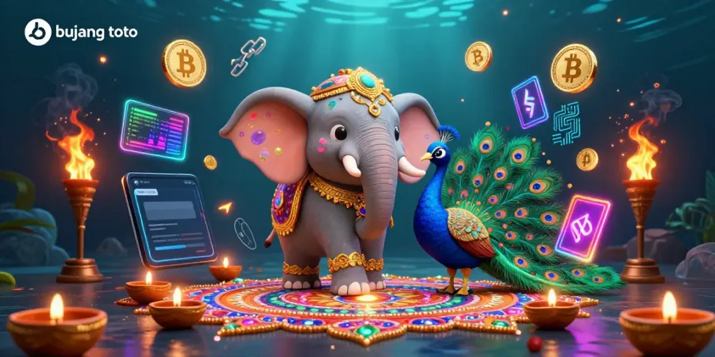 Experience exciting gameplay at bujang toto with vibrant elephant characters, crypto elements, and dynamic casino themes.
