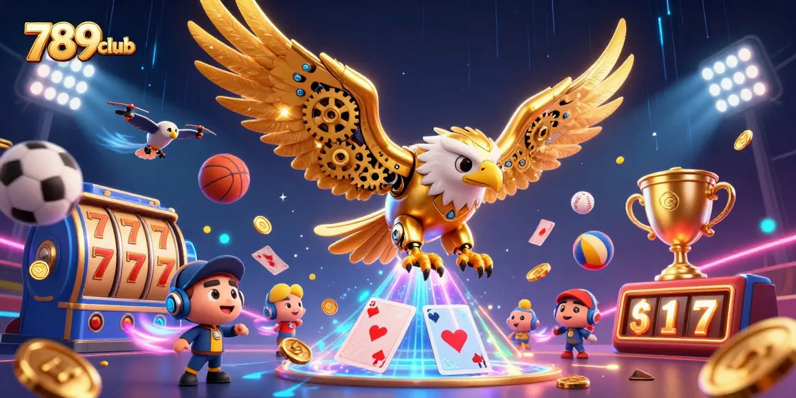 Engage with 789club in an exciting dynamic gaming scene featuring a golden eagle and casino elements.