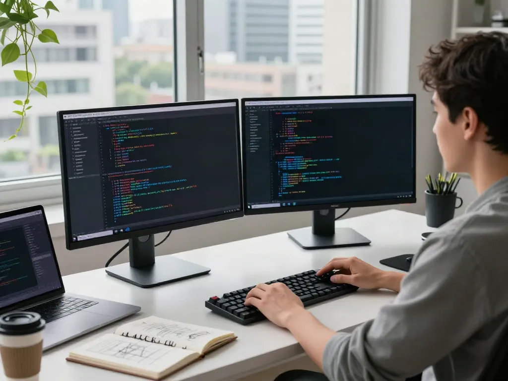 Developer using v2rayN in a modern workspace with dual monitors and design applications