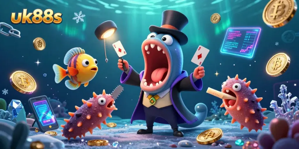 uk88s features a magical underwater scene with vibrant characters and crypto elements in a casino setting