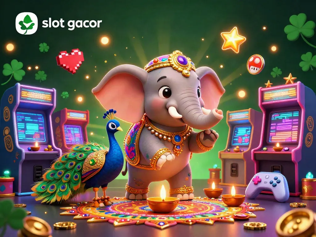 Experience the thrill of slot gacor with vibrant visuals of a Diwali-themed elephant, arcade games, and glowing effects.