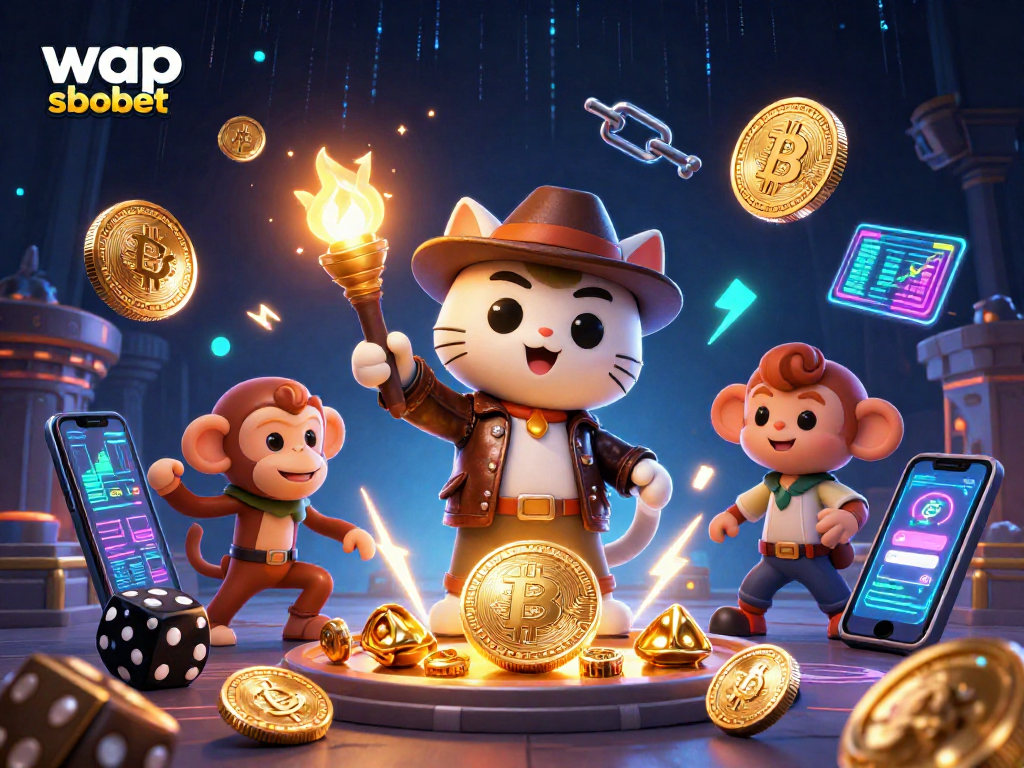 Engage with wap sbobet as a cat explorer discovers casino treasures in a dynamic temple scene.