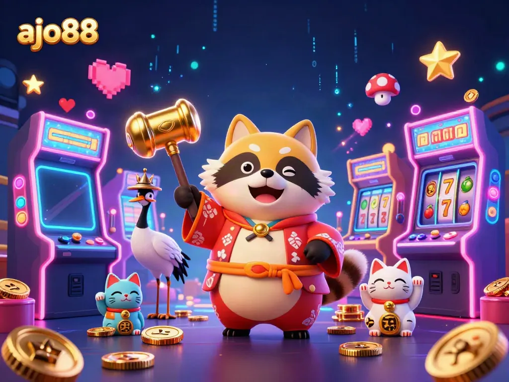 Gambar penuh warna tentang avatar khas AJO88 menikmati slot gacor dari perangkat mobile.