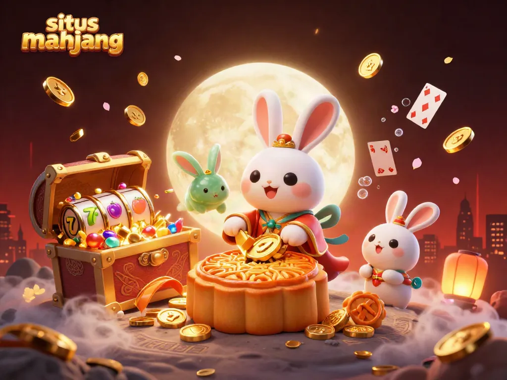 Engage with situs mahjong's vibrant scene with a moon rabbit cracking open mooncakes revealing poker chips, amidst dynamic casino elements.