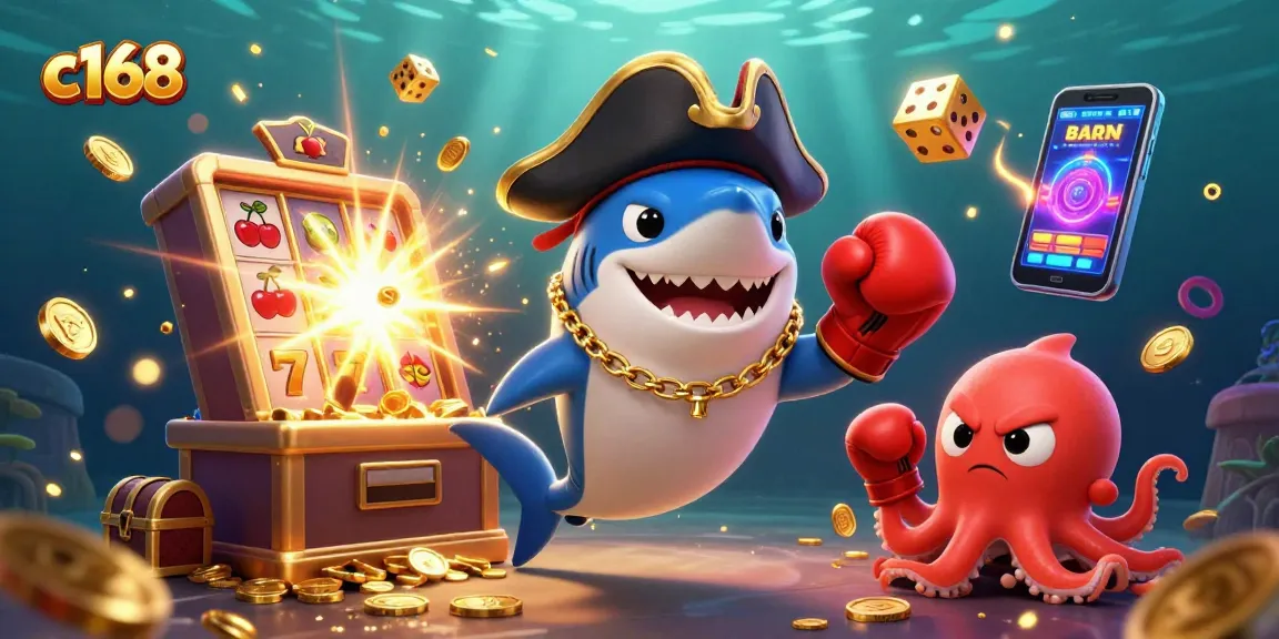 Experience the thrill of jackpots with c168, featuring a pirate shark and fun casino elements!