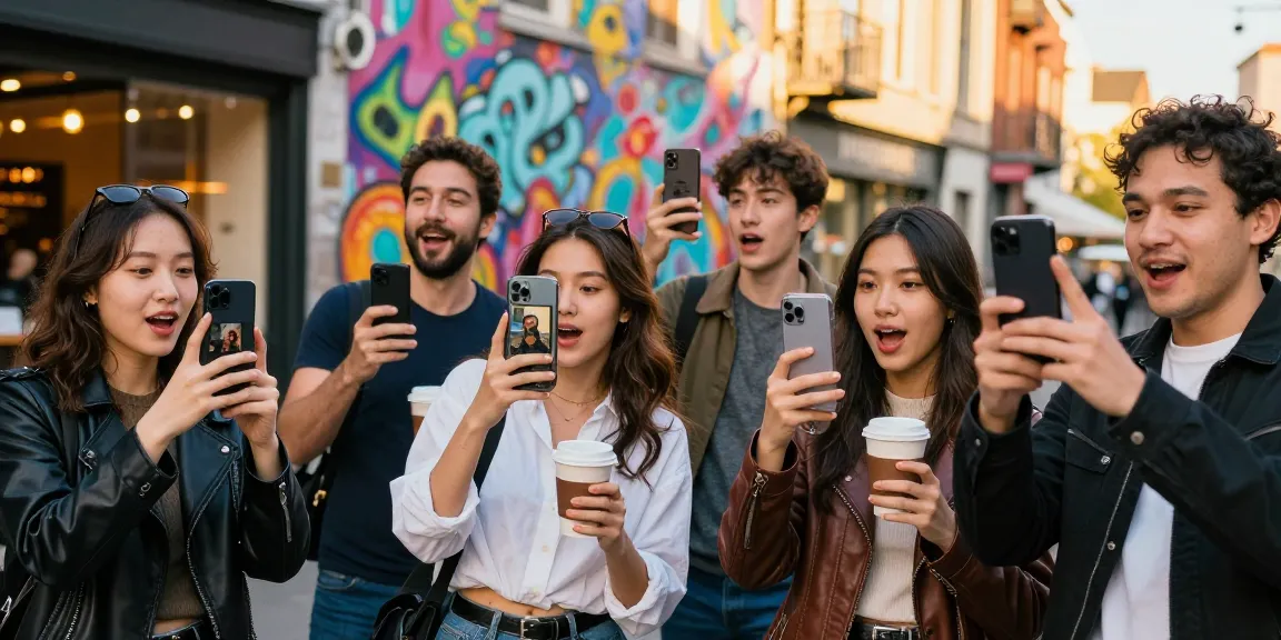 Group of friends exploring how old do I look using facial age estimation tools outdoors in a vibrant urban setting.