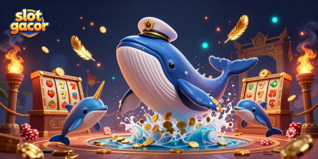 Slot gacor illustration featuring a cartoon whale and companions celebrating in a sea of coins.