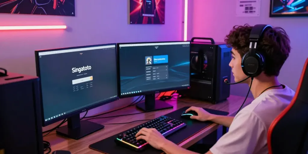 Engaged player at Singatoto login interface in a colorful gaming setup