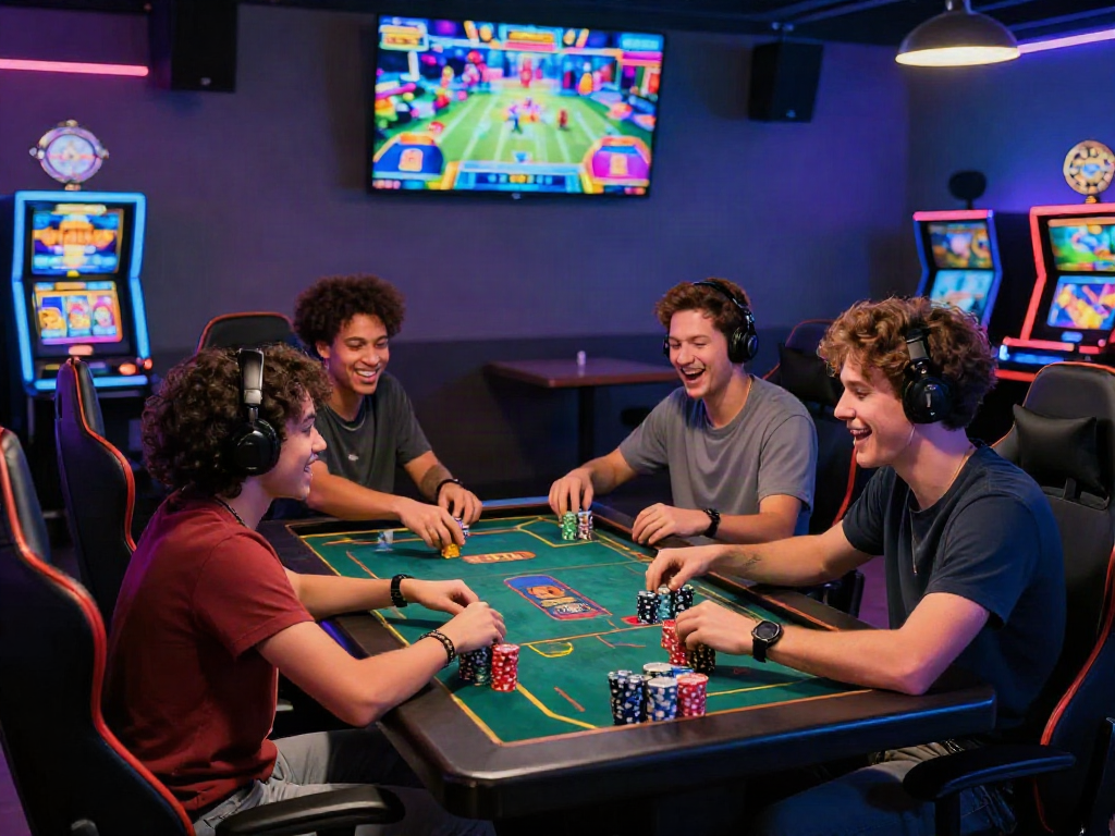 Engaging bandar slot game experience in vibrant gaming lounge setting with friends enjoying colorful gaming elements