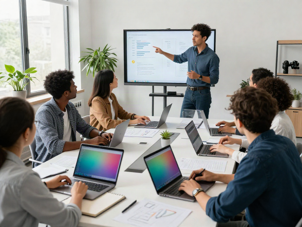 Group discussion on project feedback in a modern office, emphasizing collaboration and communication around 'his comment is here'.