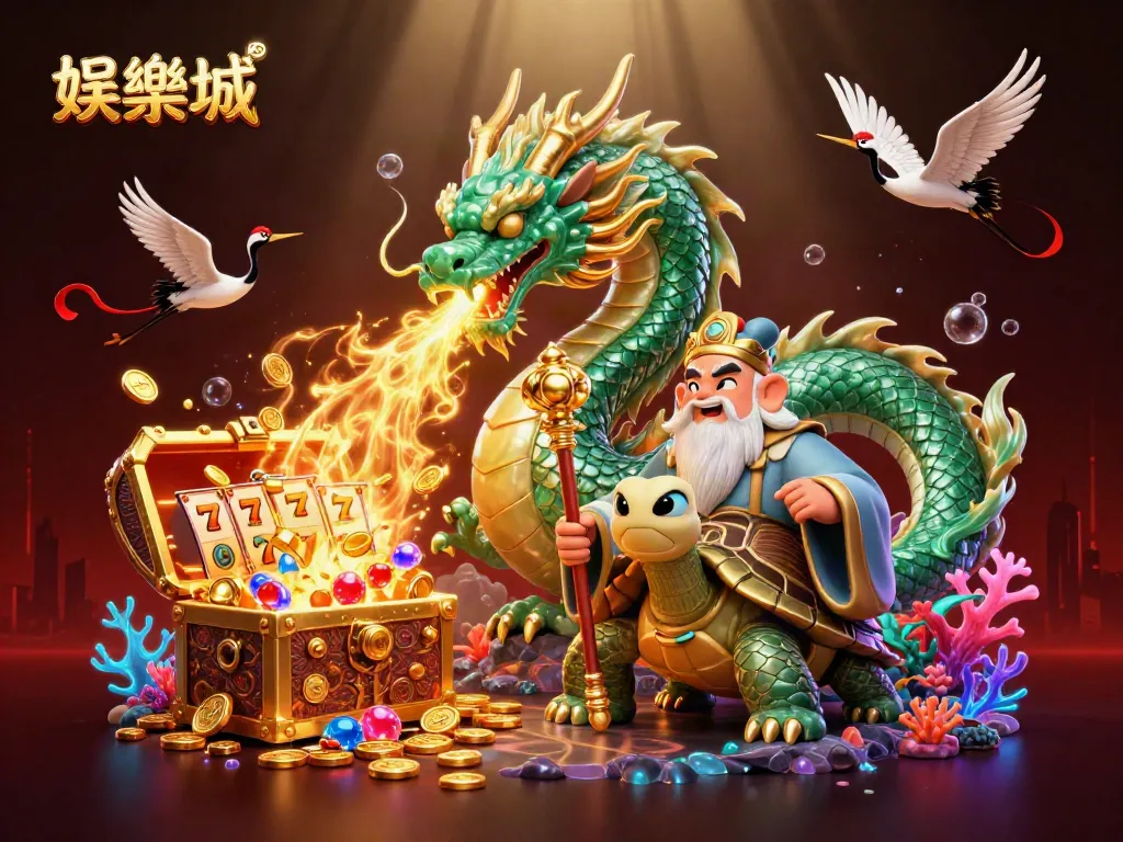 在娛樂城中,巨大的翡翠龍吐著金色火焰,周圍散落著幸運的老虎機及金幣,吸引玩家注意。