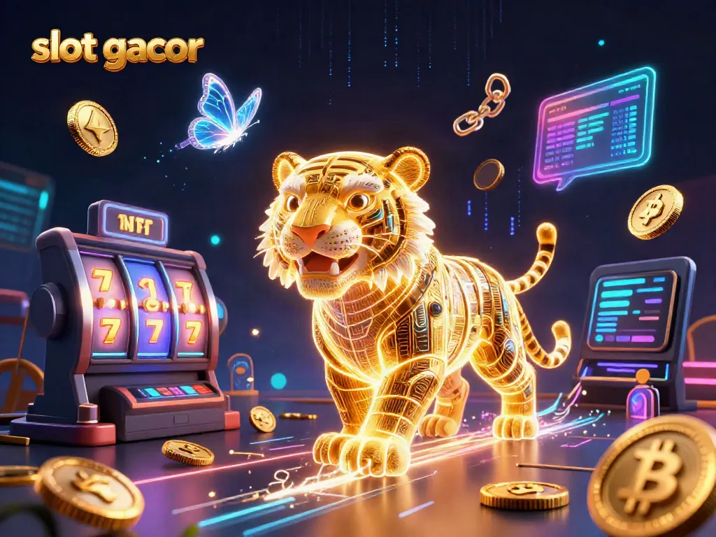 Engage with slot gacor in this vibrant 3D casino scene featuring a golden tiger and holographic butterflies.