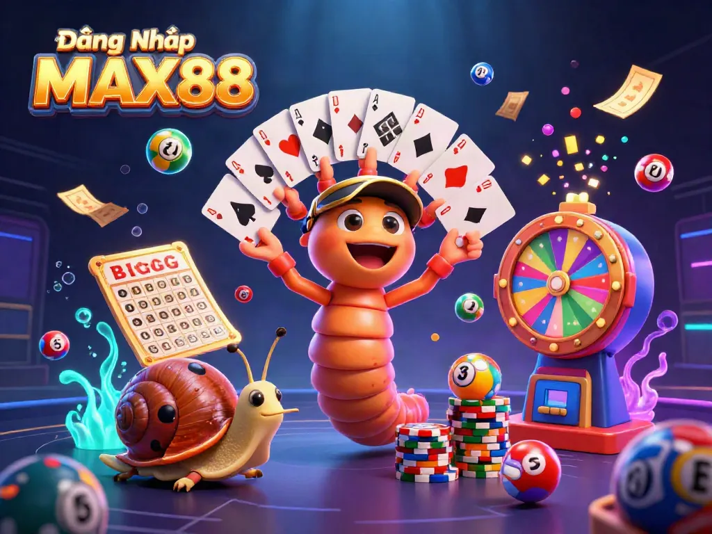 Experience thrilling gaming action with Đăng Nhập MAX88, featuring playful characters and vibrant casino elements.