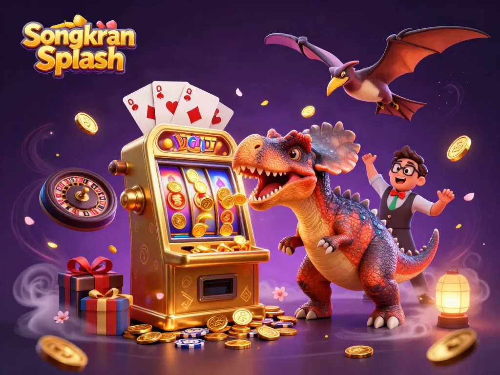 Experience the excitement of Songkran Splash with a pachycephalosaurus winning coins at a slot machine.