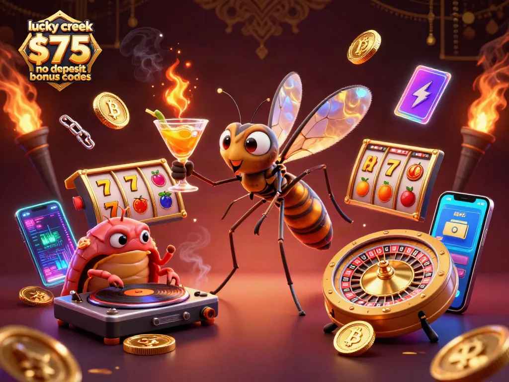 Play with lucky creek $75 no deposit bonus codes in a vibrant, animated casino scene