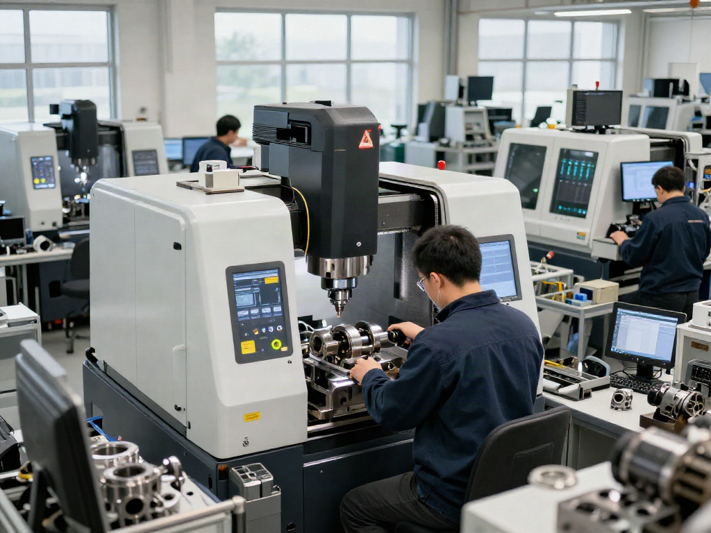 Leading aerospace CNC parts manufacturers at work in a precision machining facility, showcasing advanced technology and skilled technicians.