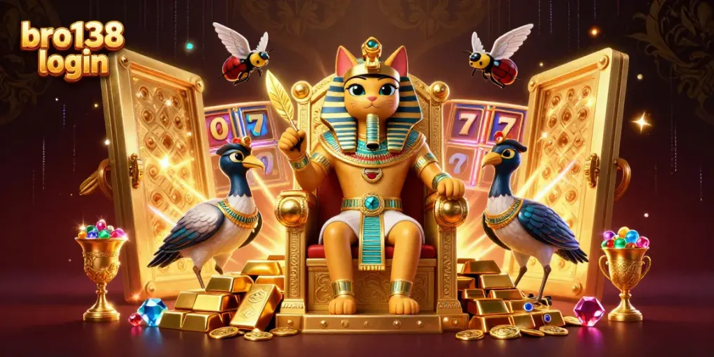 Experience bro138 login with thrilling slot excitement and golden treasures in a vibrant casino-themed scene.