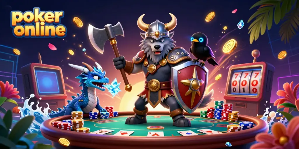 Experience poker online action with vibrant 3D characters and casino elements.
