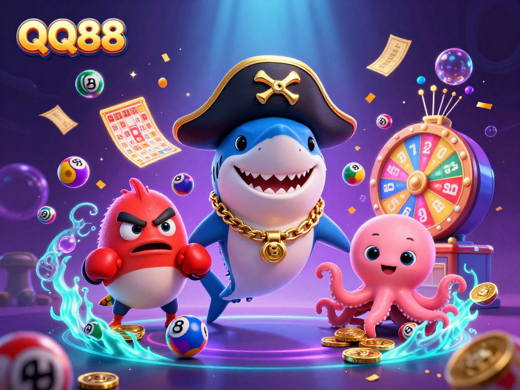Experience thrilling gaming adventures with QQ88 featuring a cartoon pirate shark, pufferfish, and octopus.