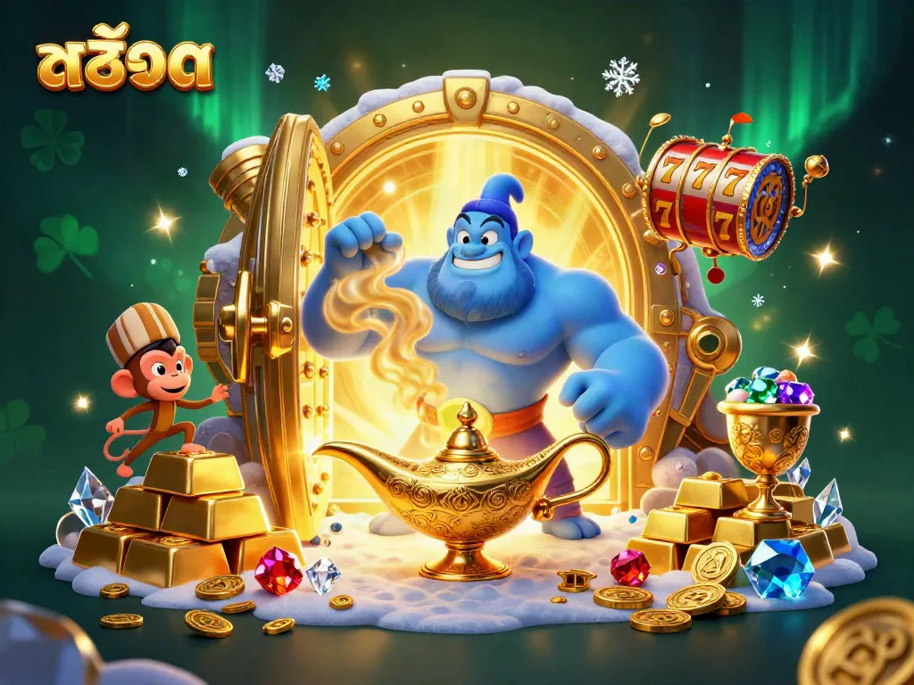 Experience excitement spinning สล็อต reels alongside a magical genie in a treasure-filled scene.