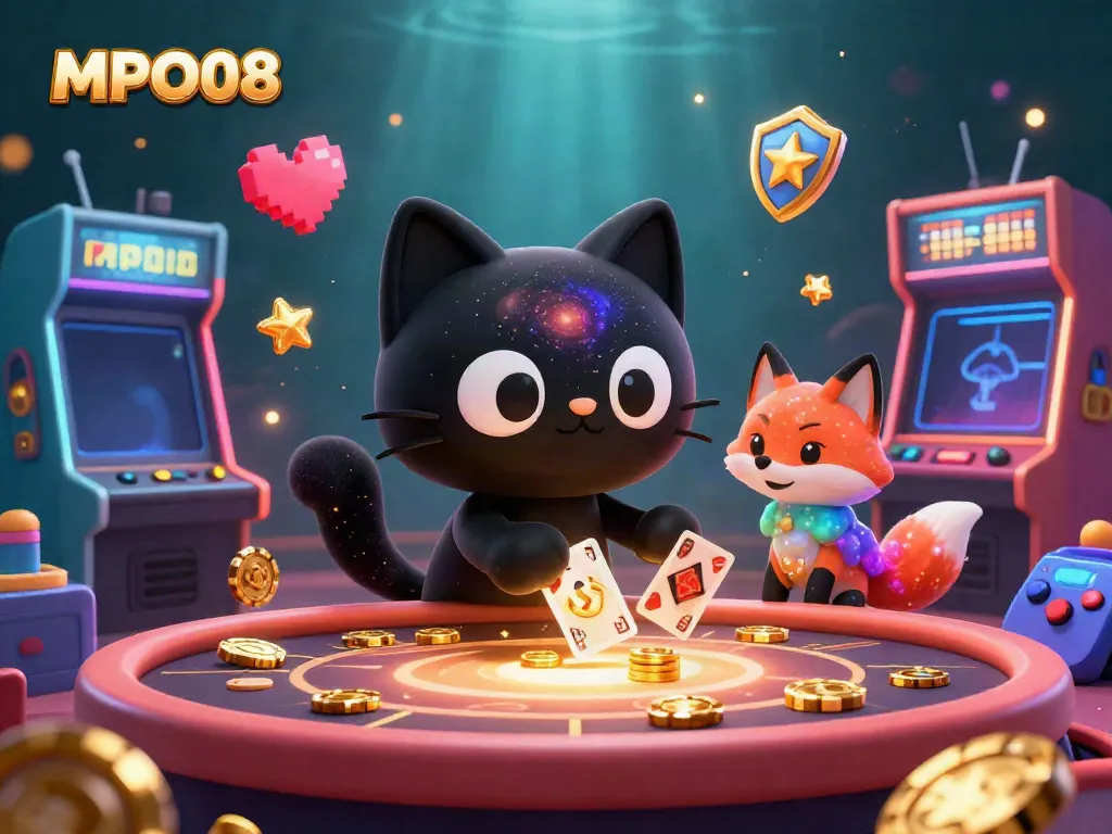 Enjoy thrilling games with MPO08's cosmic gaming scene featuring a black hole cat and colorful elements.