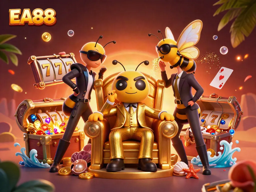 EA88 engaging players in a high-stakes casino game with vibrant slot reels and treasure.