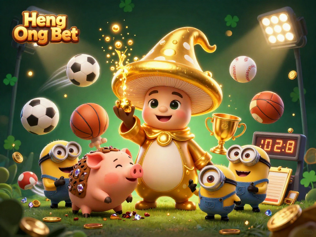 Experience thrill with Heng Ong Bet gaming, illustrated with golden mushroom wizard and sports excitement.