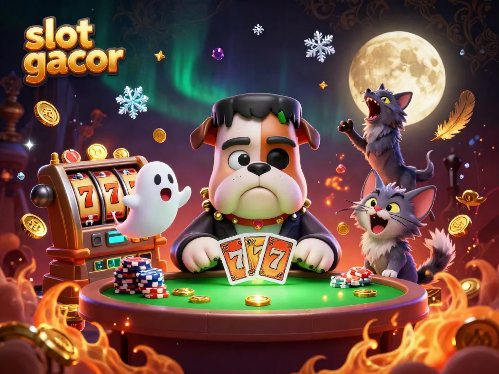 Engage with slot gacor as a Frankenstein bulldog monster deals cards amidst a whimsical casino scene.
