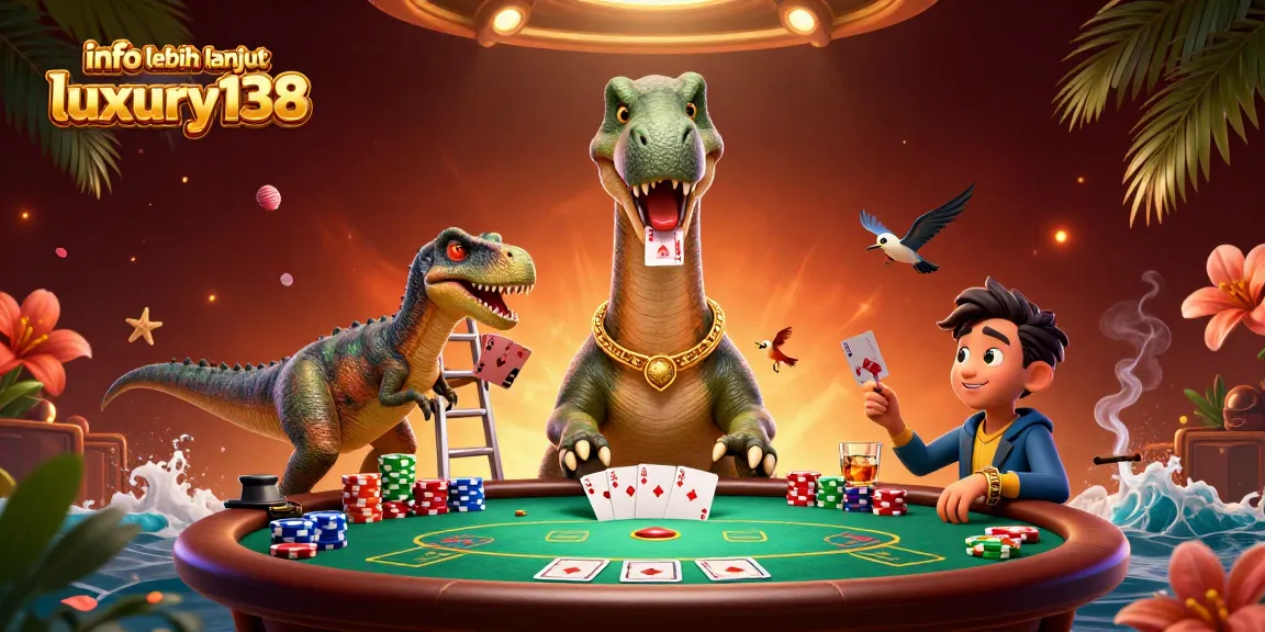 Visualisasikan info lebih lanjut luxury138 dengan dinosaur 3D dan suasana kasino penuh warna.