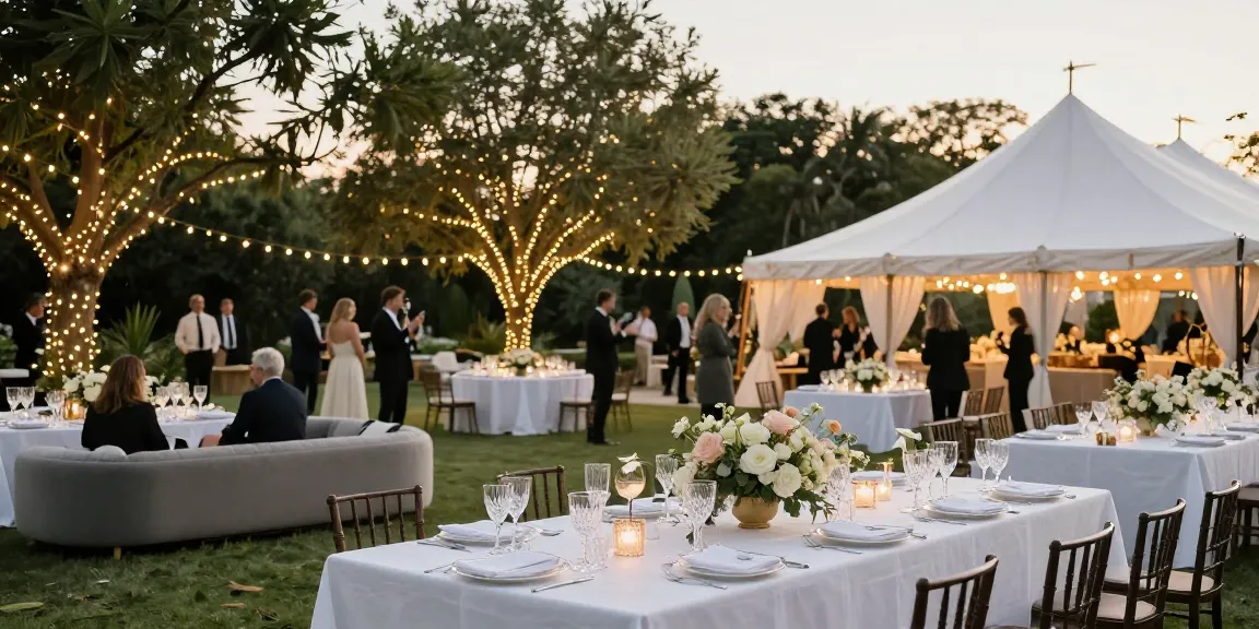 Event rentals setup for a stunning outdoor wedding with elegant decor and magical lighting.