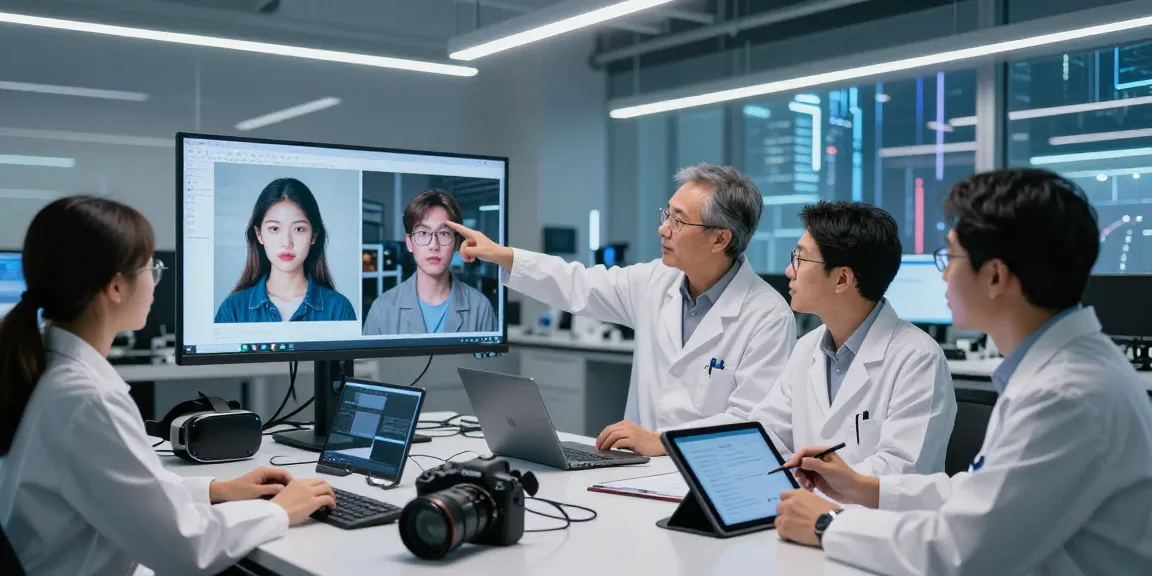AI-Generated Image Detection analysis in a modern research lab with diverse scientists collaborating.