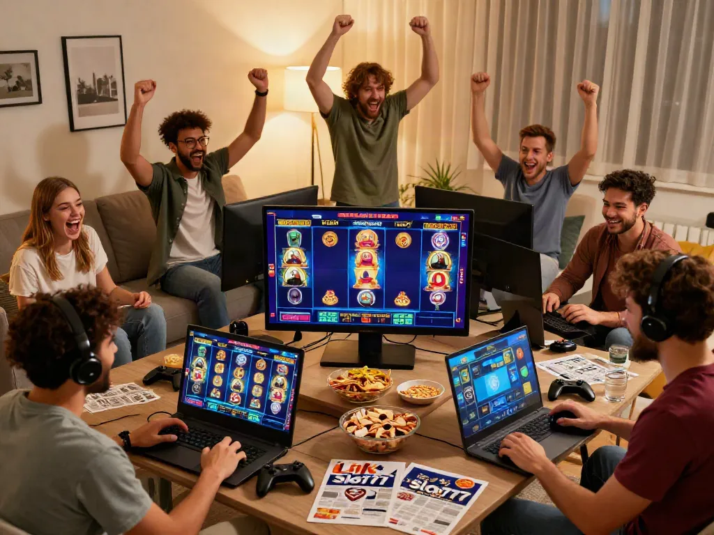 Diverse friends celebrating a big win playing link slot777 in their cozy living room.