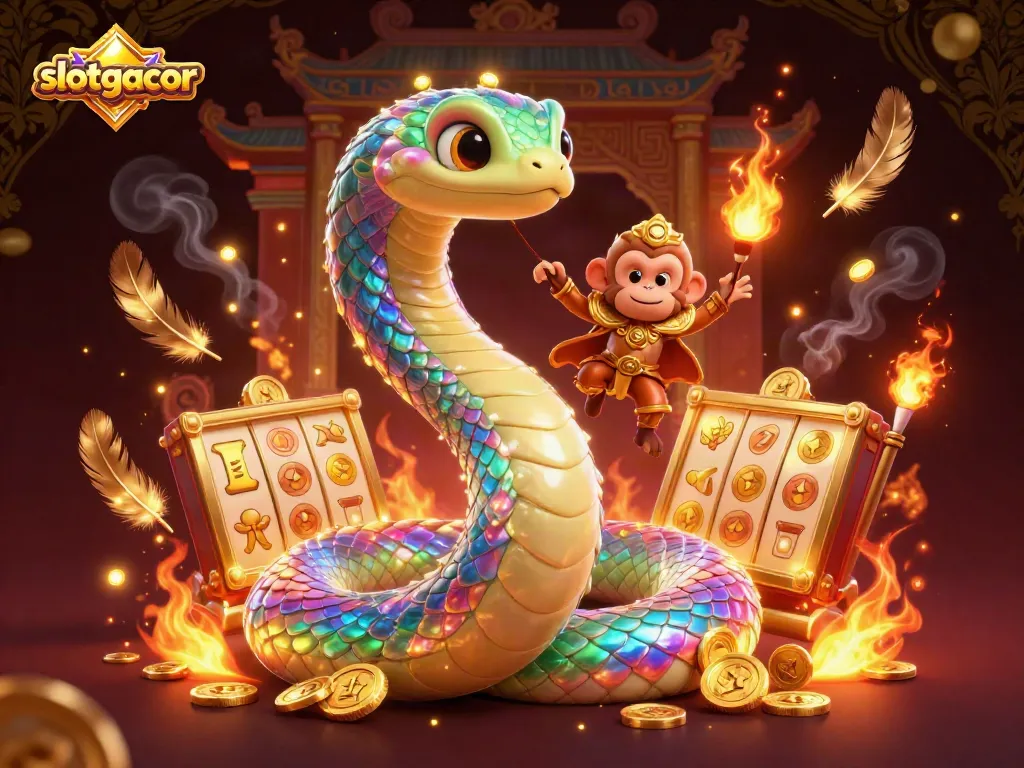 Engage with slotgacor as a dazzling rainbow serpent and monkey king celebrate wins amidst golden slot reels and coins.