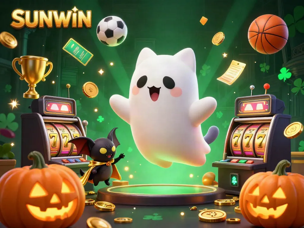 SUNWIN's vibrant 3D illustration shows a lively casino scene with a ghost cat and vampire bat enjoying captivating games and glowing gold.