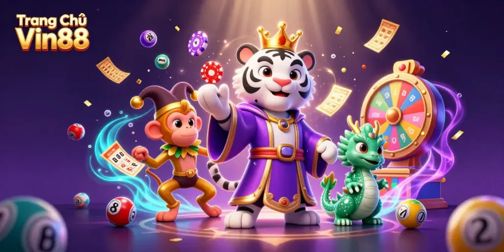 Experience thrilling gameplay at Trang Chủ Vin88 with vibrant 3D characters, colorful lottery elements, and dynamic casino atmosphere.