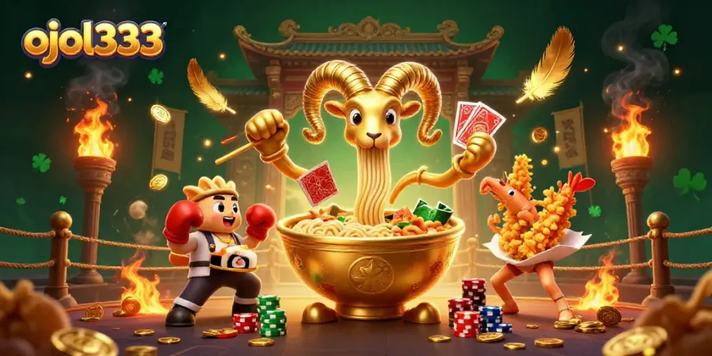 ojol333 characters deal cards and celebrate with vibrant casino elements in a lively scene.